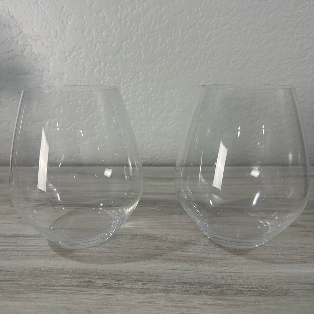 Lot Of 2 Riedel Clear Glass Stemless Wine Glasses Cabernet/Merlot 4.5”  Tall